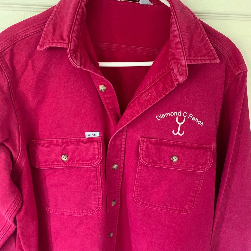 Carhartt Large L Pink Button Front Shirt Diamond C Ranch Cotton Heavy Workwear